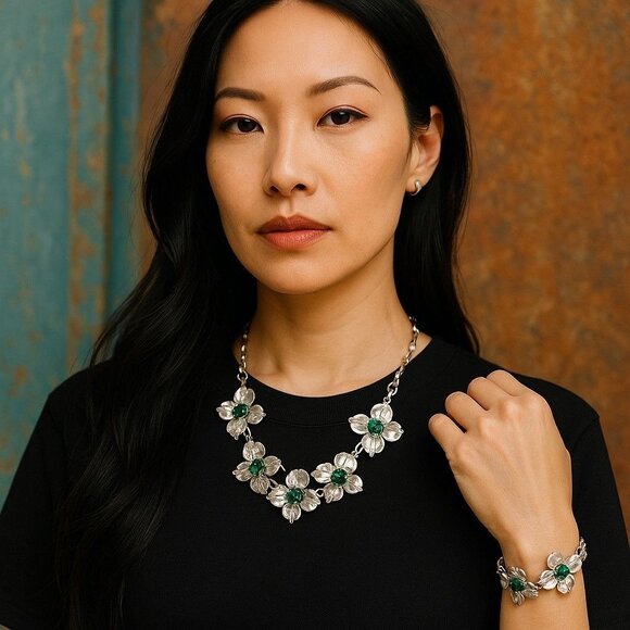 Vintage 1950s Silver Tone Floral Necklace & Bracelet Set with Green Glass Rhines - Picture 1 of 8